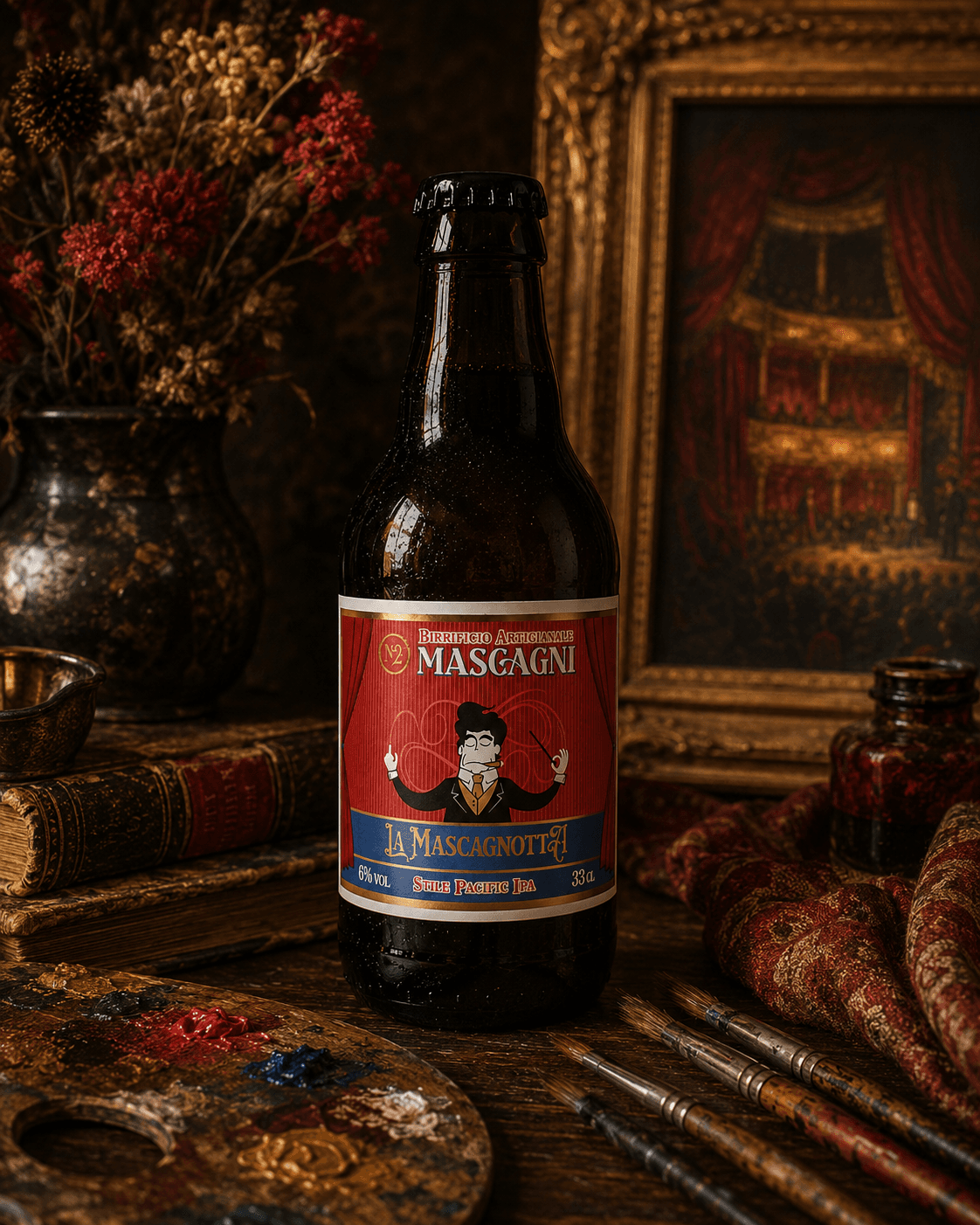 Mascagnotta, pacific IPA N°2 della serie — bottiglia nella bottega del pittore