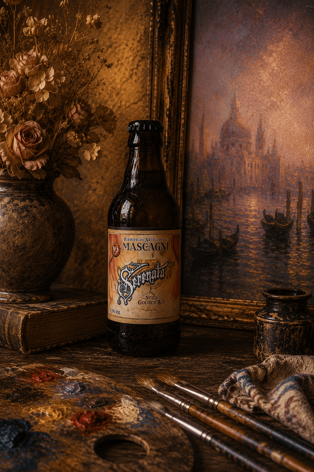 Serenata, golden ale N°3 della serie — bottiglia 33 cl nella bottega, davanti a un quadro di Venezia